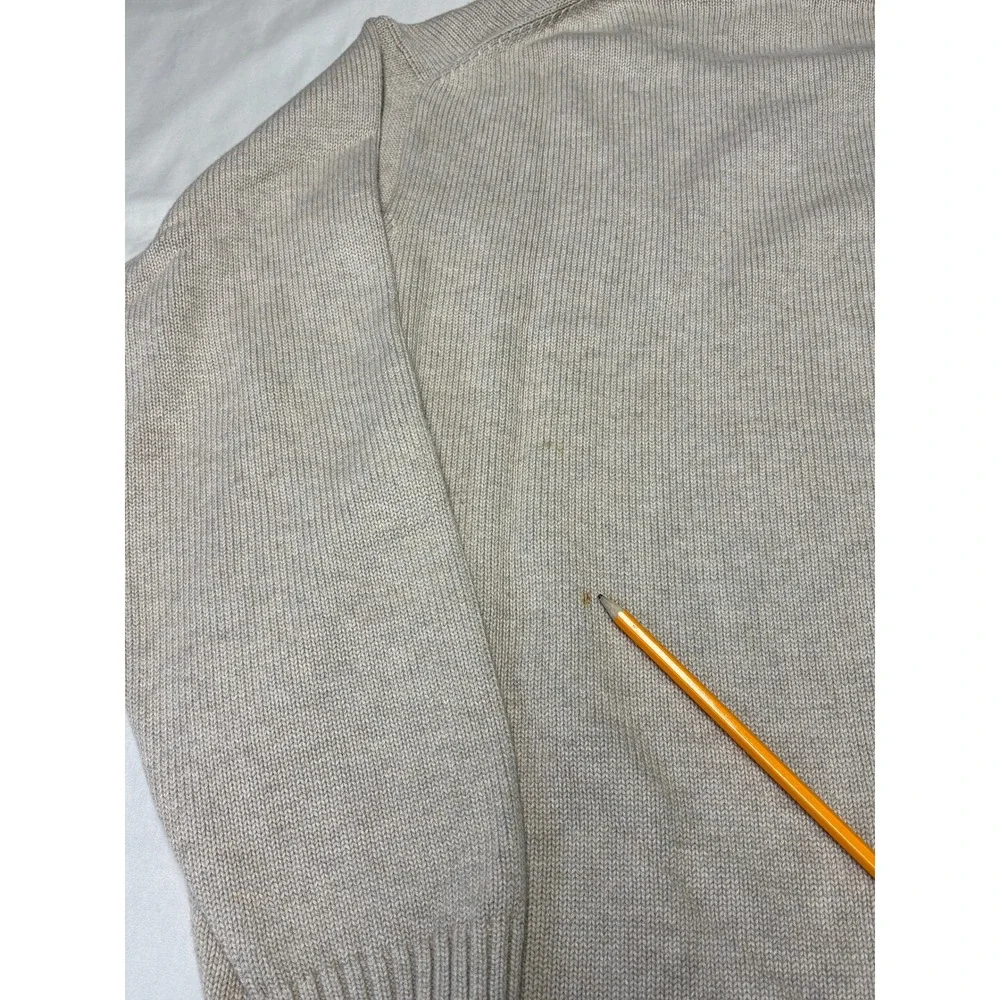 LL Bean Mens V-Neck Sweater‎ Large Beige Oatmeal 100% Cotton Knit Pullover FW82